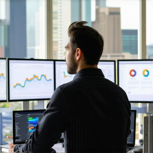 SEO analyst reviewing local SEO data with Minneapolis skyline in background