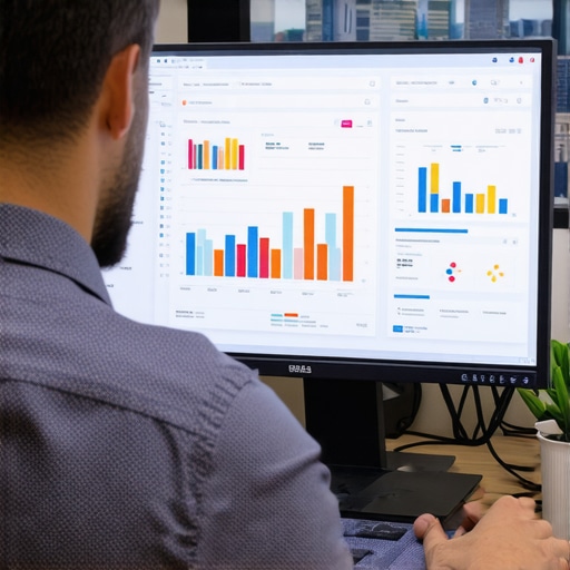 Business owner reviewing analytics for GMB Minnesota with cityscape background