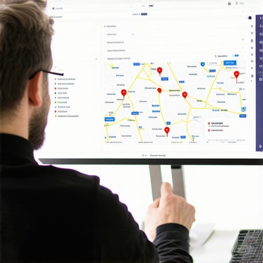 Business owner reviewing local SEO analytics with maps and graphs.