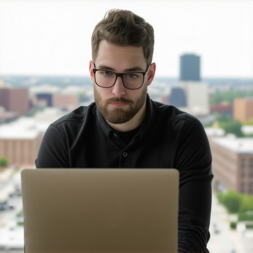 Business owner working on Google Maps profile with Minneapolis cityscape in background
