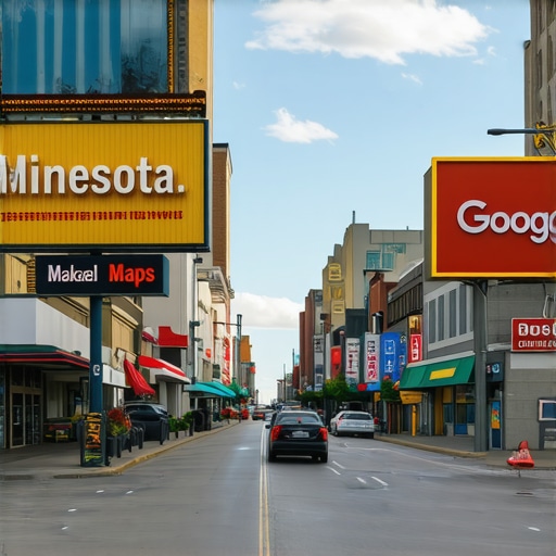 Cityscape of Minnesota with local businesses and Google Maps interface