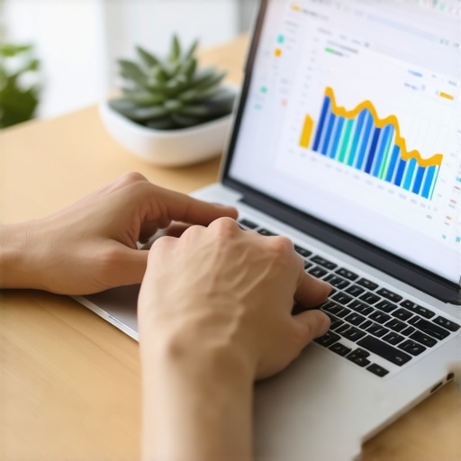 A person analyzing SEO metrics on a computer screen in an office setting.