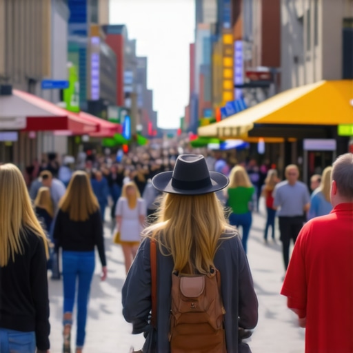 Busy Minneapolis street with shops and customers