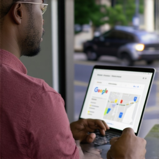 Business owner editing Google My Business profile on laptop with Minneapolis street scene.