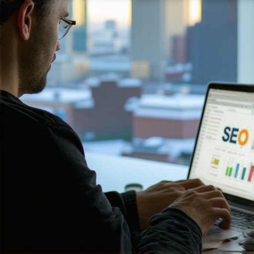 Person analyzing SEO data on laptop with Minneapolis skyline behind