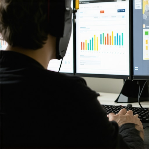 Digital marketing professional reviewing local SEO analytics on computer screens.