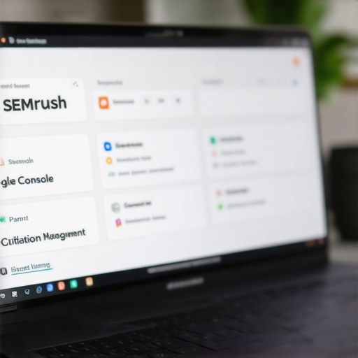 A computer screen displaying various SEO software interfaces used for local business SEO management.